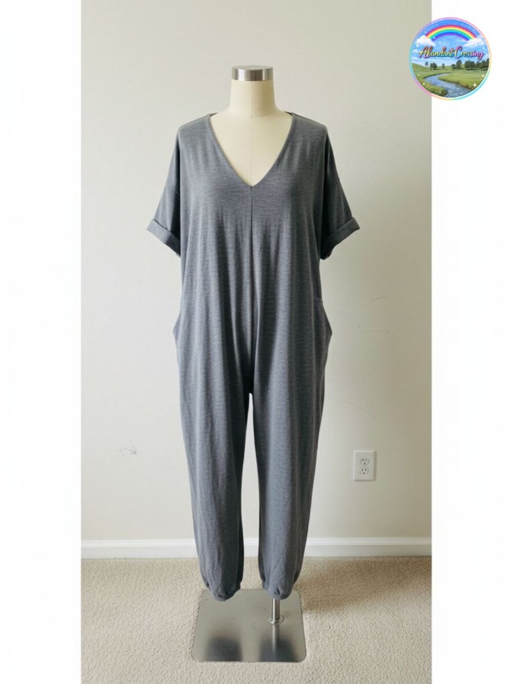 Womens V-Neck Jumpsuit Short Sleeve Romper Casual Summer Loose Fit
